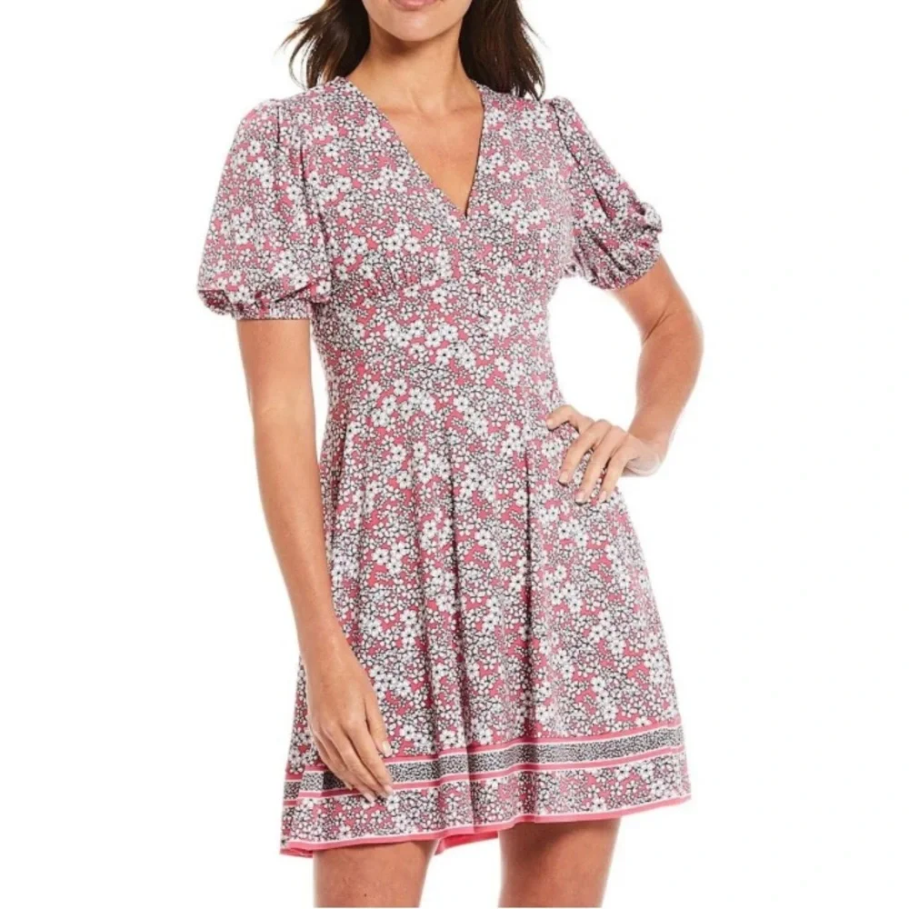 🌸 MICHAEL KORS Rose Pink Floral Mini Dress | Puff Sleeve V-Neck | Size M